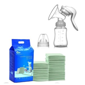 disposable changing mats 60×90 green (pack of 30)+manual breast pump silicone milk extractor for breastfeeding.