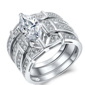 925 sterling silver marquise cut cubic zirconia trio wedding ring for bridal
