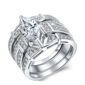 925 sterling silver marquise cut cubic zirconia trio wedding engagement ring set for women, bridal ring set with matching wedding bands, sparkling jewelry gift for wife, girlfriend, fiancée