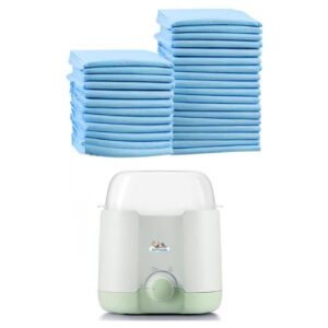 baby care essentials combo – 30 ultra absorbent disposable changing mats (60x45cm, blue) + electric milk warmer with glass dual heating for breast milk & water for travel & home use.