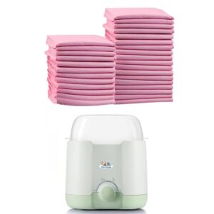 baby care essentials combo –30 ultra absorbent disposable changing mats (60x45cm, pink) + electric milk warmer with glass dual heating for breast milk & water for travel & home use.