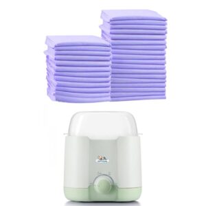 baby care essentials combo – 30 ultra absorbent disposable changing mats (60x45cm,lavender) + electric milk warmer with glass dual heating for breast milk & water for travel & home use.