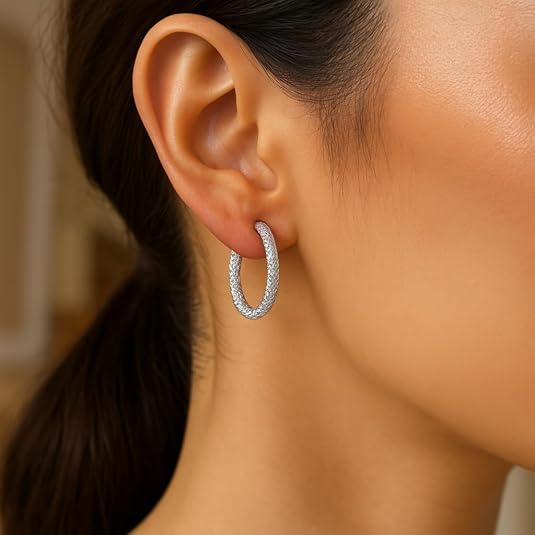 sterling silver large women hoop earrings with braid texture(3x20mm) for wedding, engagement, anniversary, party, daily wear & christmas gift for her.