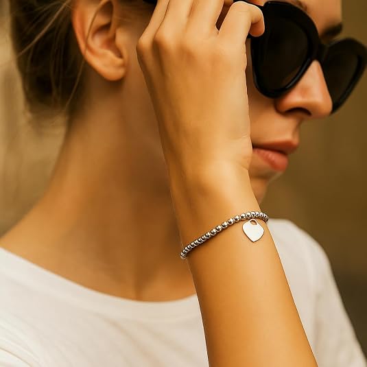 925 sterling silver adjustable bead bracelet with heart charm – shiny polished beaded design for women, perfect for wedding, anniversary, party & gift for her. 925 sterling silver adjustable bead bracelet with heart charm – shiny polished beaded design for women, perfect for wedding, anniversary, party & gift for her.