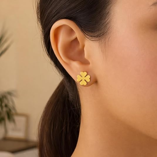 14k yellow gold four leaf clover stud earrings (10mm) for women – polished lucky clover gold studs | minimal everyday fine gold jewelry | gift for her