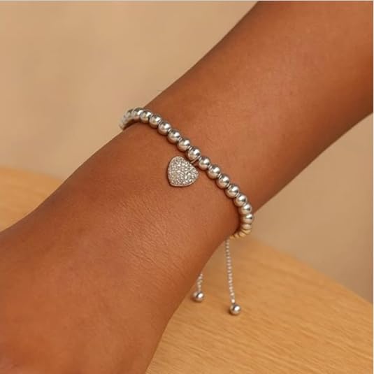 925 sterling silver adjustable bead bracelet with heart charm and cubic zirconia – elegant dainty bracelet for women, perfect for wedding, anniversary, party, daily wear & gife for her. 925 sterling silver adjustable bead bracelet with heart charm and cubic zirconia – elegant dainty bracelet for women, perfect for wedding, anniversary, party, daily wear & gife for her.