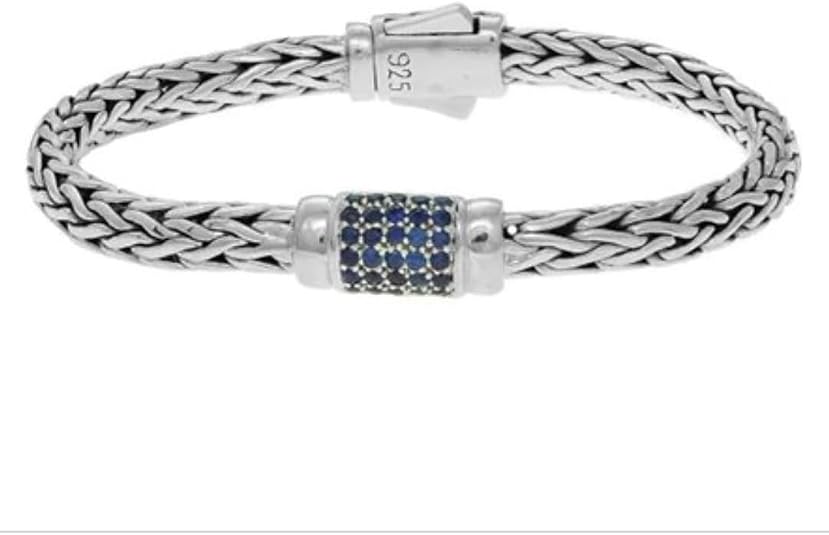 925 sterling silver weave motif bracelet with blue sapphire accents (7.00mm) for women – elegant braided design for wedding, anniversary, party, daily wear & gift for her. 925 sterling silver weave motif bracelet with blue sapphire accents (7.00mm) for women – elegant braided design for wedding, anniversary, party, daily wear & gift for her.
