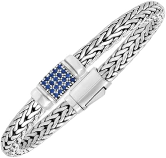 925 sterling silver weave motif bracelet with blue sapphire accents (7.00mm) for women – elegant braided design for wedding, anniversary, party, daily wear & gift for her. 925 sterling silver weave motif bracelet with blue sapphire accents (7.00mm) for women – elegant braided design for wedding, anniversary, party, daily wear & gift for her.