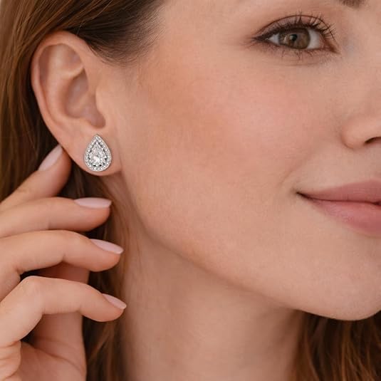 925 sterling silver rhodium plated pear cut halo stud earrings – sparkling cz teardrop studs, hypoallergenic lightweight fine jewelry for women