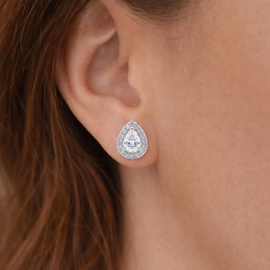 925 sterling silver rhodium plated pear cut halo stud earrings – sparkling cz teardrop studs, hypoallergenic lightweight fine jewelry for women