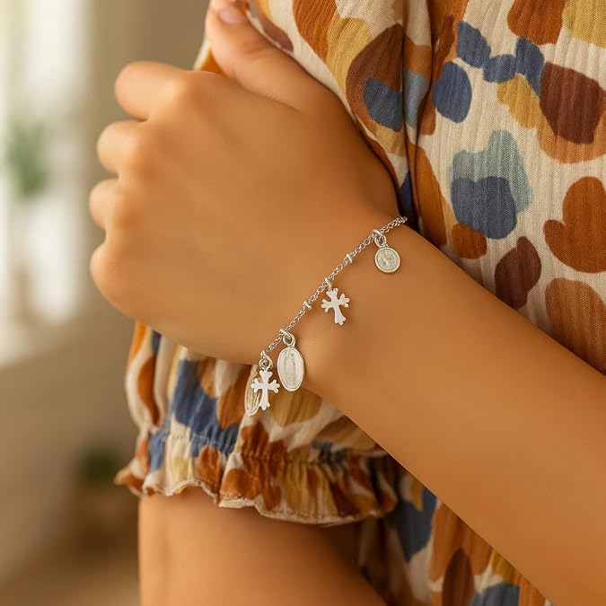 925 sterling silver bracelet with cross and religious medal charms for women – faith inspired charm bracelet for wedding, baptism, christmas, daily wear & gift for her. 925 sterling silver bracelet with cross and religious medal charms for women – faith inspired charm bracelet for wedding, baptism, christmas, daily wear & gift for her.