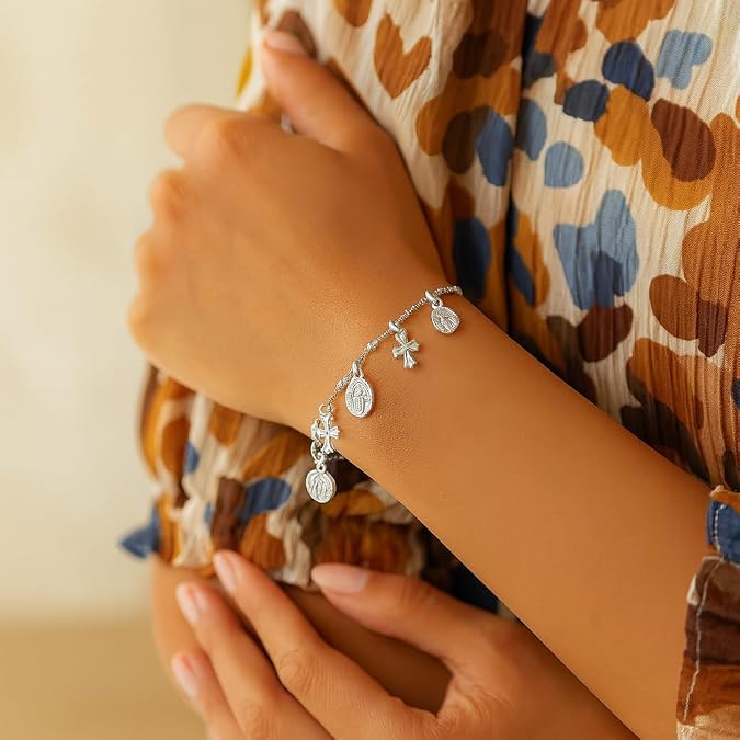 925 sterling silver bracelet with cross and religious medal charms for women – faith inspired charm bracelet for wedding, baptism, christmas, daily wear & gift for her. 925 sterling silver bracelet with cross and religious medal charms for women – faith inspired charm bracelet for wedding, baptism, christmas, daily wear & gift for her.