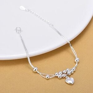 925 sterling silver beads ball heart love foot chain ankle bracelet adjustable anklet jewelry for women