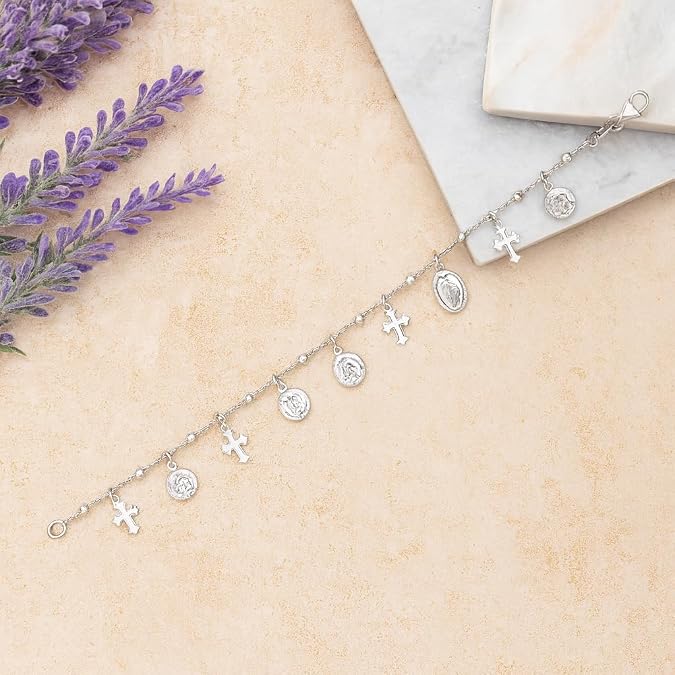 925 sterling silver bracelet with cross and religious medal charms for women – faith inspired charm bracelet for wedding, baptism, christmas, daily wear & gift for her. 925 sterling silver bracelet with cross and religious medal charms for women – faith inspired charm bracelet for wedding, baptism, christmas, daily wear & gift for her.