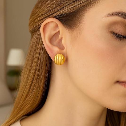 sterling silver yellow gold plated sculpted domed disc women stud earrings for wedding, engagement, anniversary, party, daily wear & christmas gift for her. sterling silver yellow gold plated sculpted domed disc women stud earrings for wedding, engagement, anniversary, party, daily wear & christmas gift for her.