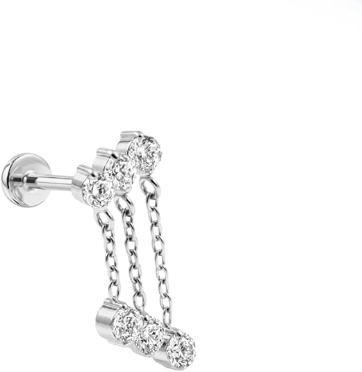 g23 titanium threadless flat back stud with triple cubic zirconia chain drape design, sterling silver plated cz piercing jewelry for lip, ear, tragus, helix, cartilage & body piercing g23 titanium threadless flat back stud with triple cubic zirconia chain drape design, sterling silver plated cz piercing jewelry for lip, ear, tragus, helix, cartilage & body piercing