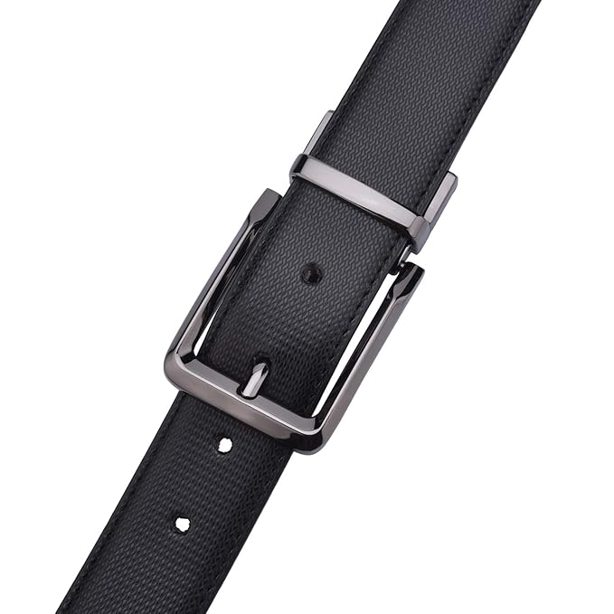 men’s black textured leather formal belt with metallic buckle. men’s black textured leather formal belt with metallic buckle.