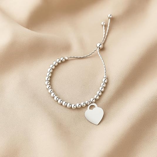 925 sterling silver adjustable bead bracelet with heart charm – shiny polished beaded design for women, perfect for wedding, anniversary, party & gift for her. 925 sterling silver adjustable bead bracelet with heart charm – shiny polished beaded design for women, perfect for wedding, anniversary, party & gift for her.