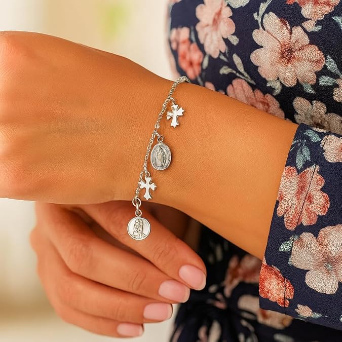 925 sterling silver bracelet with cross and religious medal charms for women – faith inspired charm bracelet for wedding, baptism, christmas, daily wear & gift for her. 925 sterling silver bracelet with cross and religious medal charms for women – faith inspired charm bracelet for wedding, baptism, christmas, daily wear & gift for her.