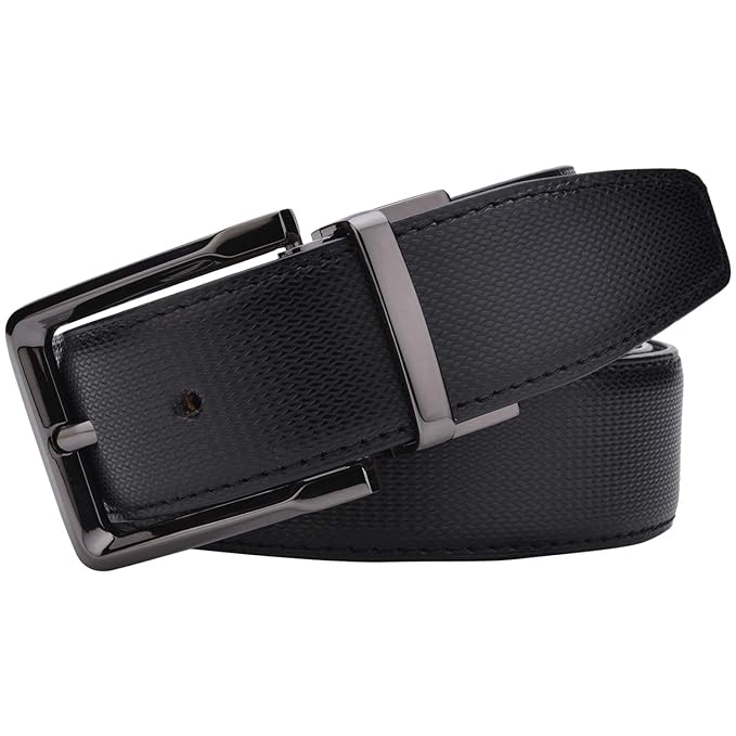 men’s black textured leather formal belt with metallic buckle. men’s black textured leather formal belt with metallic buckle.