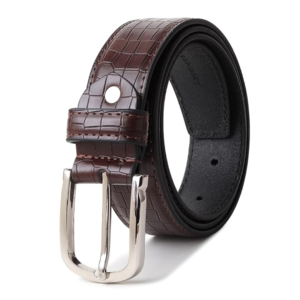 classic brown crocodile texture women’s belt with silver buckle.