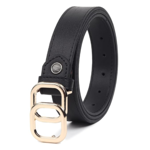 elegant black women’s casual leather belt with gold buckle.