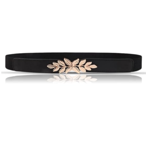 elegant black women’s waist belt with gold leaf buckle.