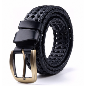 braided black leather belt with antique buckle for men.