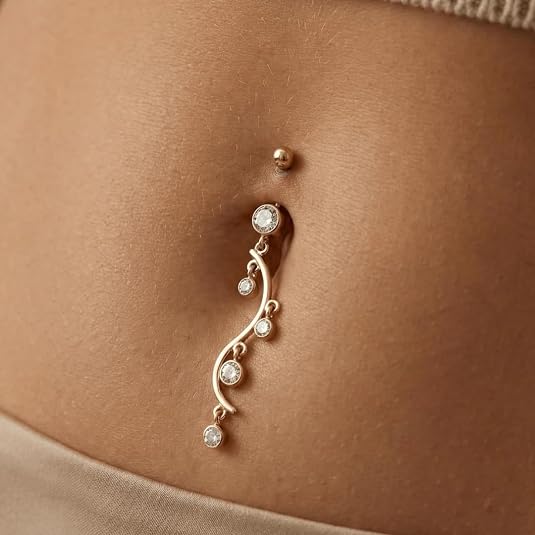 14k gold cubic zirconia dangle belly button ring, sparkling cz dangling navel ring for women, hypoallergenic gold belly bar, tarnish resistant body piercing jewelry 14k gold cubic zirconia dangle belly button ring, sparkling cz dangling navel ring for women, hypoallergenic gold belly bar, tarnish resistant body piercing jewelry