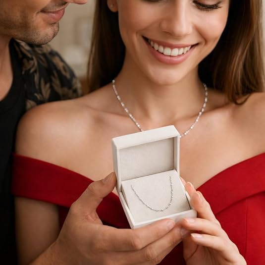 925 sterling silver with rhodium plated moon cut oval bead chain (2.50 mm) for women wedding, engagement, anniversary, party & daily wear. 925 sterling silver with rhodium plated moon cut oval bead chain (2.50 mm) for women wedding, engagement, anniversary, party & daily wear.