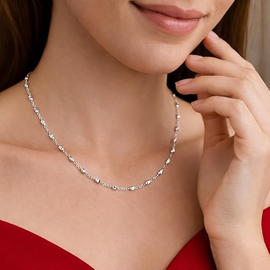 925 sterling silver with rhodium plated moon cut oval bead chain (2.50 mm) for women wedding, engagement, anniversary, party & daily wear. 925 sterling silver with rhodium plated moon cut oval bead chain (2.50 mm) for women wedding, engagement, anniversary, party & daily wear.
