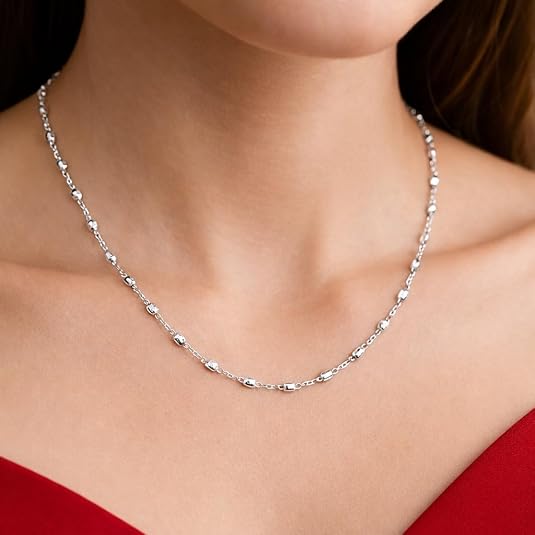925 sterling silver with rhodium plated moon cut oval bead chain (2.50 mm) for women wedding, engagement, anniversary, party & daily wear. 925 sterling silver with rhodium plated moon cut oval bead chain (2.50 mm) for women wedding, engagement, anniversary, party & daily wear.