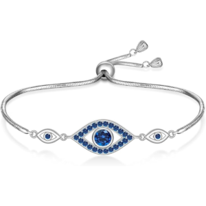 925 sterling silver evil eye bracelet for women, blue greek evil eye adjustable slider bracelet with cubic zirconia, lucky protection jewelry gift for her, wife, mom
