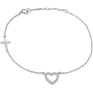 925 sterling silver love heart cross charm white crystal link chain bracelet for women