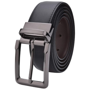 men’s black textured leather formal belt with metallic buckle.