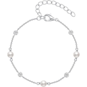 925 sterling silver pearl bracelet for women, trendy pearl beaded adjustable bracelet with cubic zirconia, dainty elegant jewelry gift for her, wife, mom