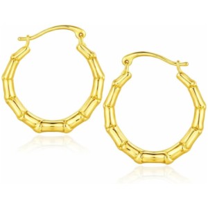 10k yellow gold shiny bamboo round hoop earrings diameter 19mm for women – polished bamboo style gold hoops | lightweight everyday fine gold jewelry | gift for her