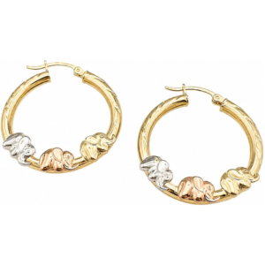 14k gold tri color elephant hoop earrings for women – yellow gold elephant charm hoops, elegant statement jewelry