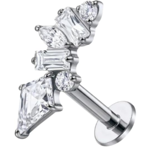 g23 titanium threadless flat back stud earring with kite baguette cluster cz design, sterling silver plated, hypoallergenic cartilage piercing jewelry for helix, tragus, conch & labret