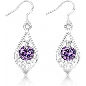 925 sterling silver purple cz crystal teardrop dangle earrings for women – elegant drop hook earrings, sparkling silver jewelry gift for wife, mom
