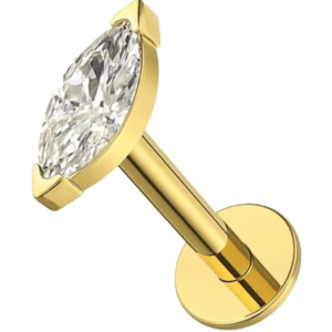 14k gold marquise cz internal thread flat back stud earring, hypoallergenic cartilage piercing jewelry for helix, tragus, conch & labret