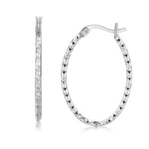 sterling silver(2x25mm) ornate textured diamond rhodium plated cut oval motif women hoop earrings for wedding, engagement, anniversary, party, daily wear & christmas gift for her.