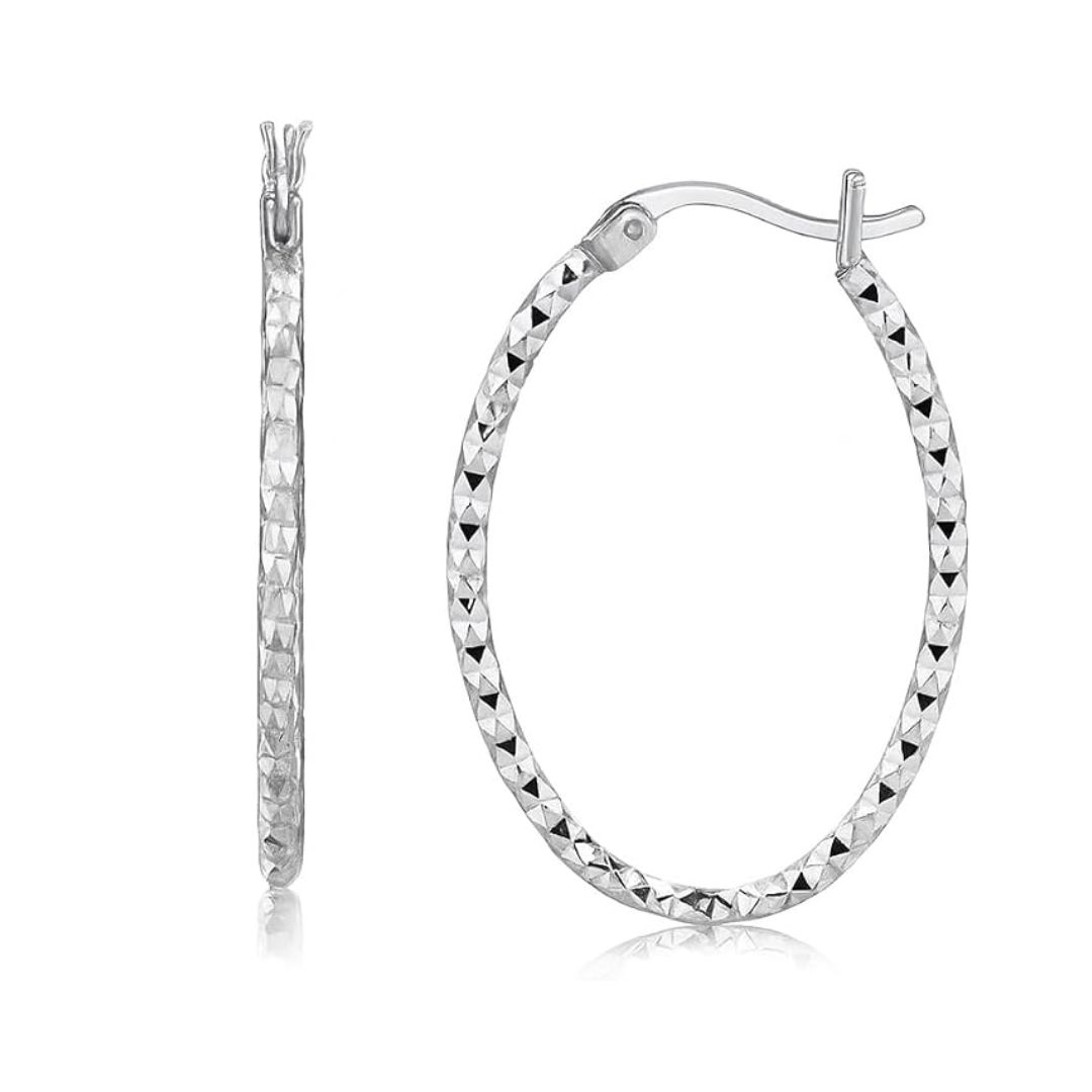 sterling silver(2x25mm) ornate textured diamond rhodium plated cut oval motif women hoop earrings for wedding, engagement, anniversary, party, daily wear & christmas gift for her. sterling silver(2x25mm) ornate textured diamond rhodium plated cut oval motif women hoop earrings for wedding, engagement, anniversary, party, daily wear & christmas gift for her.