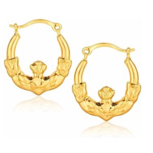 10k yellow gold claddagh motif hoop earrings for women (16x12.70mm) – polished symbolic gold hoops | irish claddagh design fine jewelry | gift for love & friendship hearts lightweight hoop earrings.