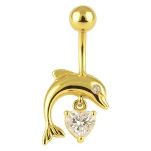 14k gold jewelled dangling dolphin belly button ring, high quality cubic zirconia heart shape navel ring, hypoallergenic body piercing jewelry for women, secure comfortable fit