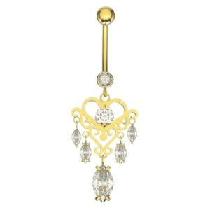 14k gold studded heart dangling belly button ring with cubic zirconia, heart navel ring, hypoallergenic dangle belly piercing jewelry for women, gold belly bar, gift for her