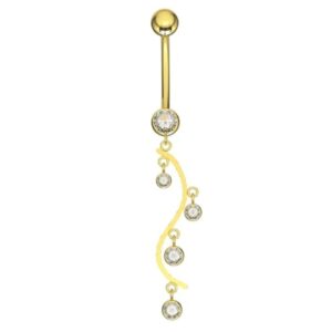14k gold cubic zirconia dangle belly button ring, sparkling cz dangling navel ring for women, hypoallergenic gold belly bar, tarnish resistant body piercing jewelry