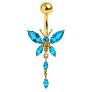 925 sterling silver gold plated butterfly dangling belly button ring with cubic zirconia, hypoallergenic dangle navel ring for women, butterfly belly piercing jewelry, elegant gift for her