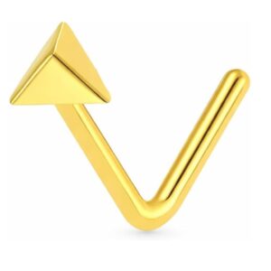 9k solid gold l shaped 3d pyramid nose stud for women – minimal geometric gold nose ring | secure comfortable nostril piercing jewelry | dainty everyday fine gift for her