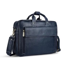 blue leather office laptop bag with shoulder strap